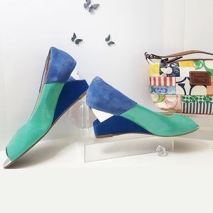 80's-90's Luvshoes💚Block Color💙Patent Suede Leather Open Toe Wedge Sandals